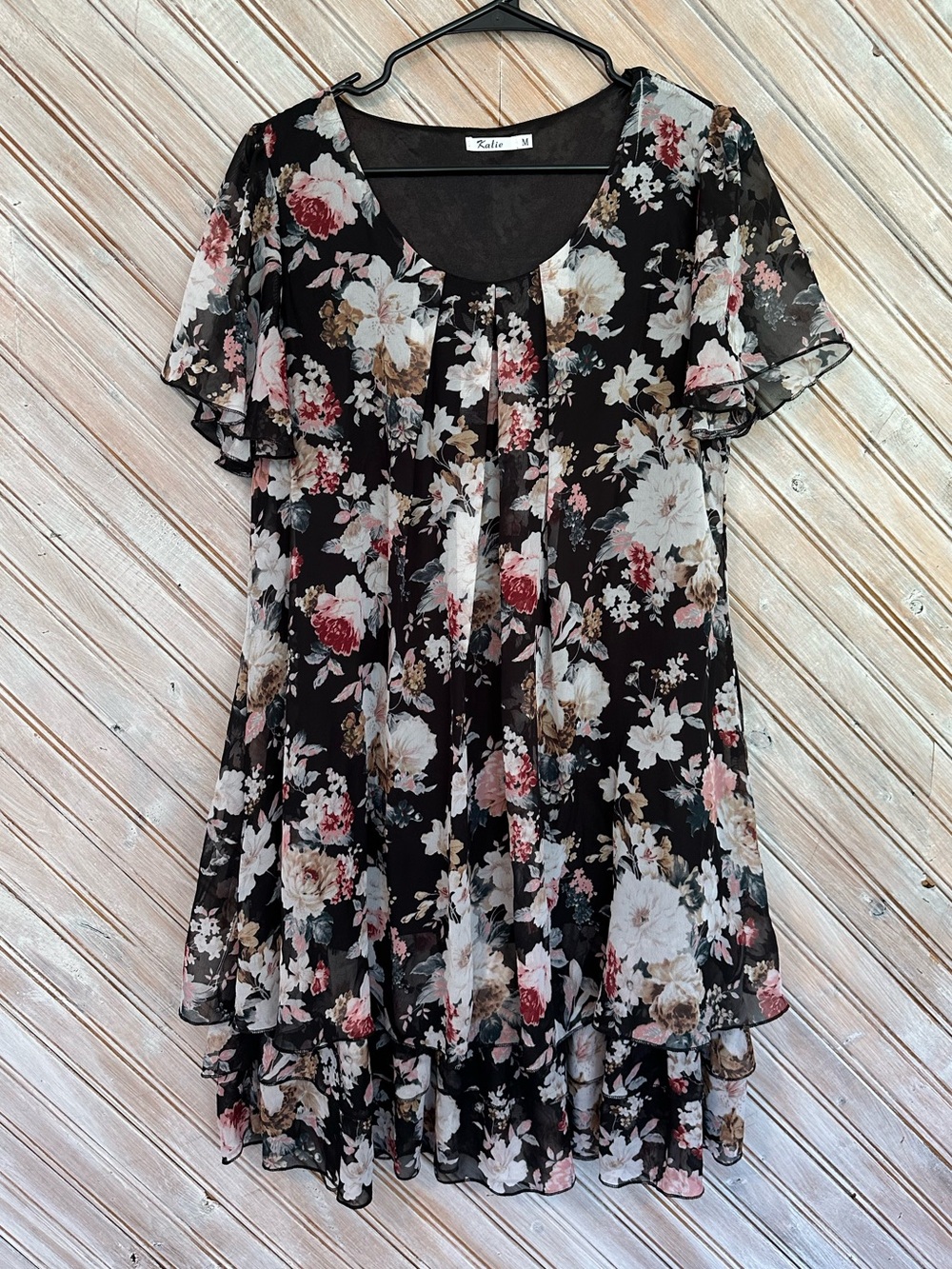 Skatie Black Floral Midi Dress with Pink and Cream Blooms